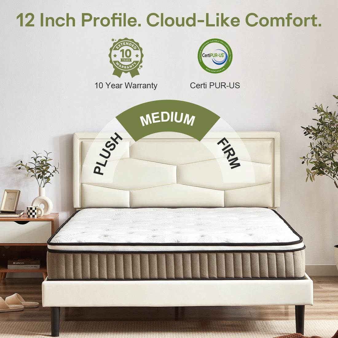 12'' Medium Plush Hybrid Mattress With Leaf Pattern Top – Gel Memory Foam & Pocket Coils