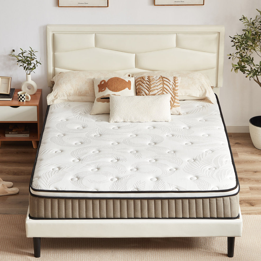 12'' Medium Plush Hybrid Mattress With Leaf Pattern Top – Gel Memory Foam & Pocket Coils