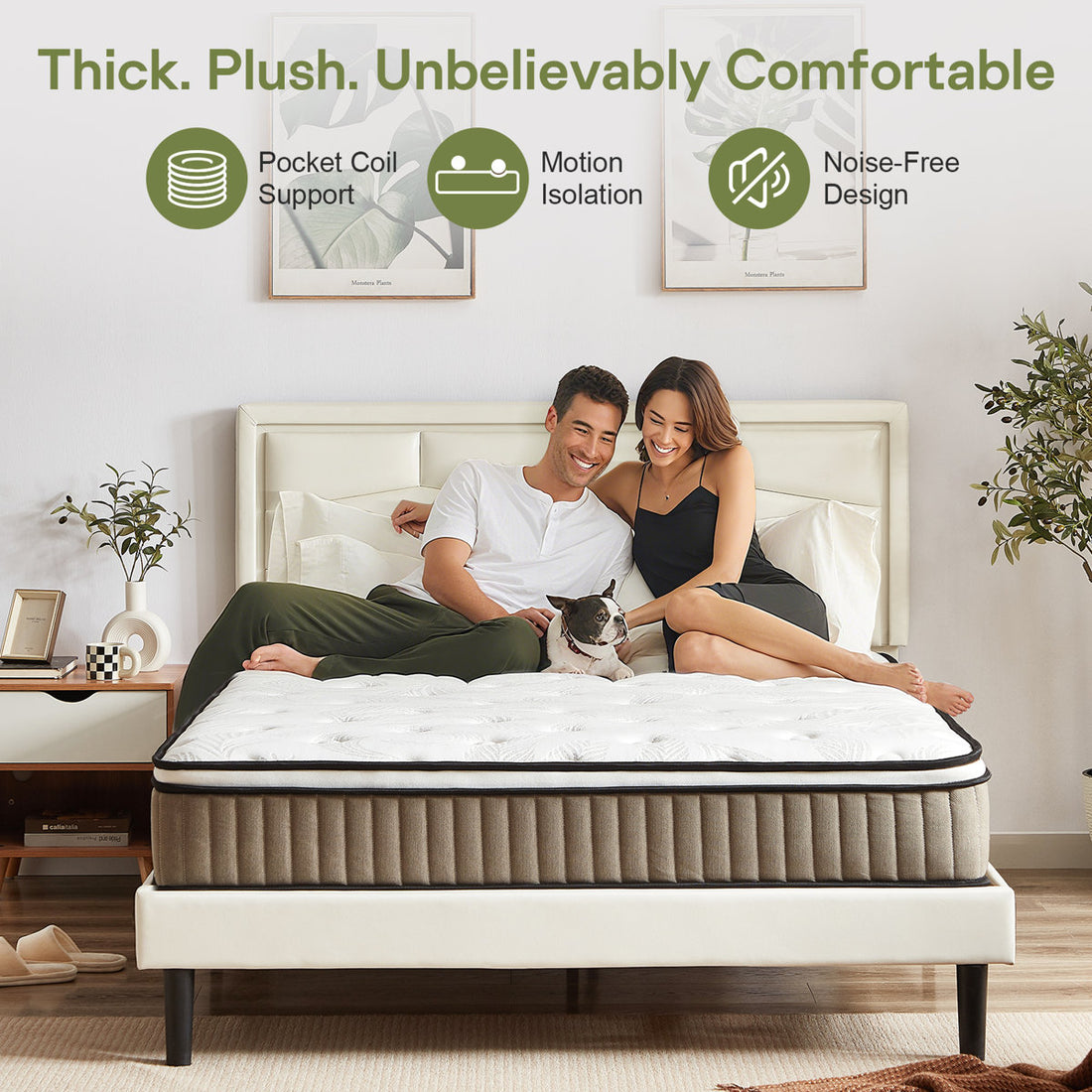 12'' Medium Plush Hybrid Mattress With Leaf Pattern Top – Gel Memory Foam & Pocket Coils