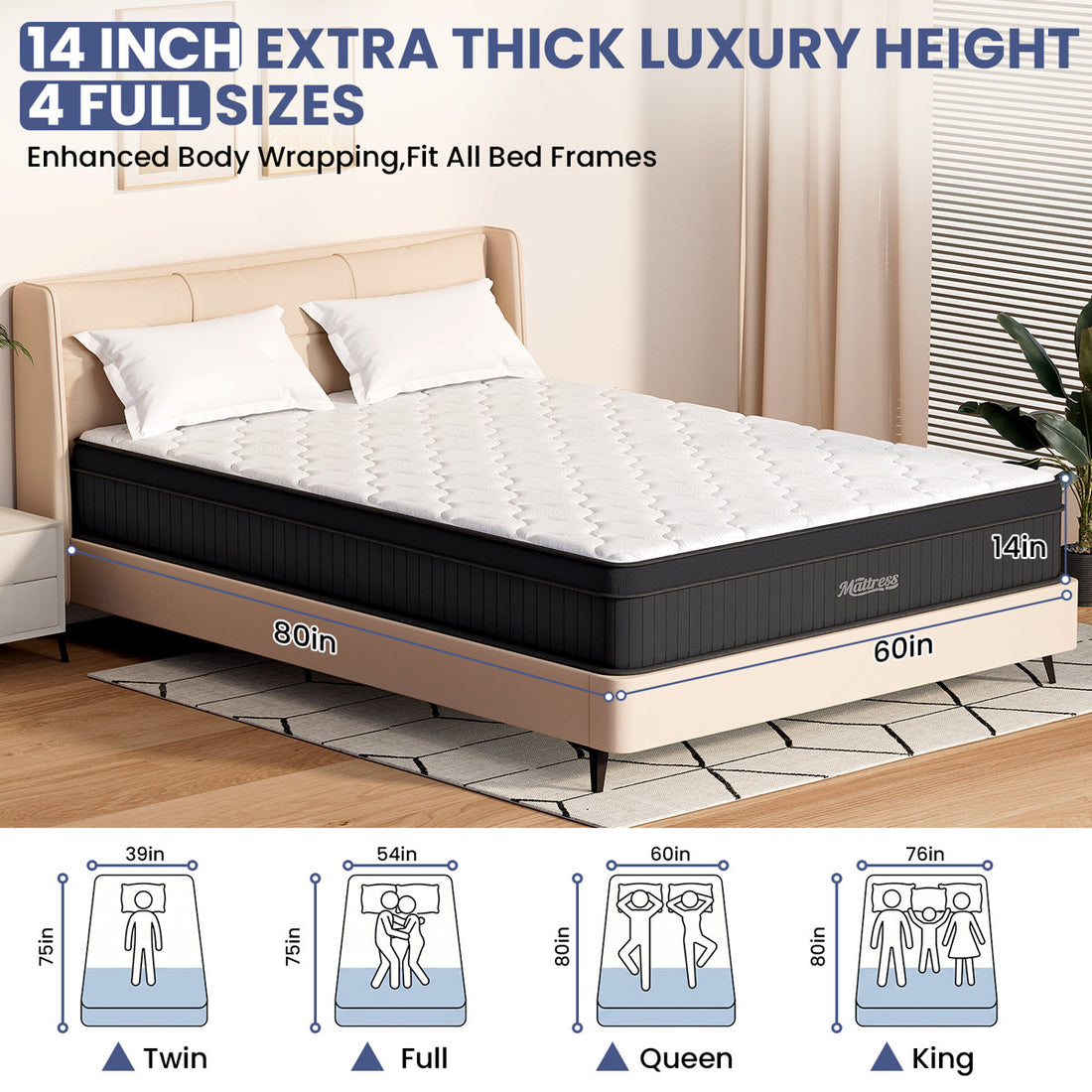 14 Inch Queen Mattress,Hybrid Pocket Spring Mattress in a Box, Medium Firm, Fiberglass Free, Motion Isolation & Edge Support for Family Use,White