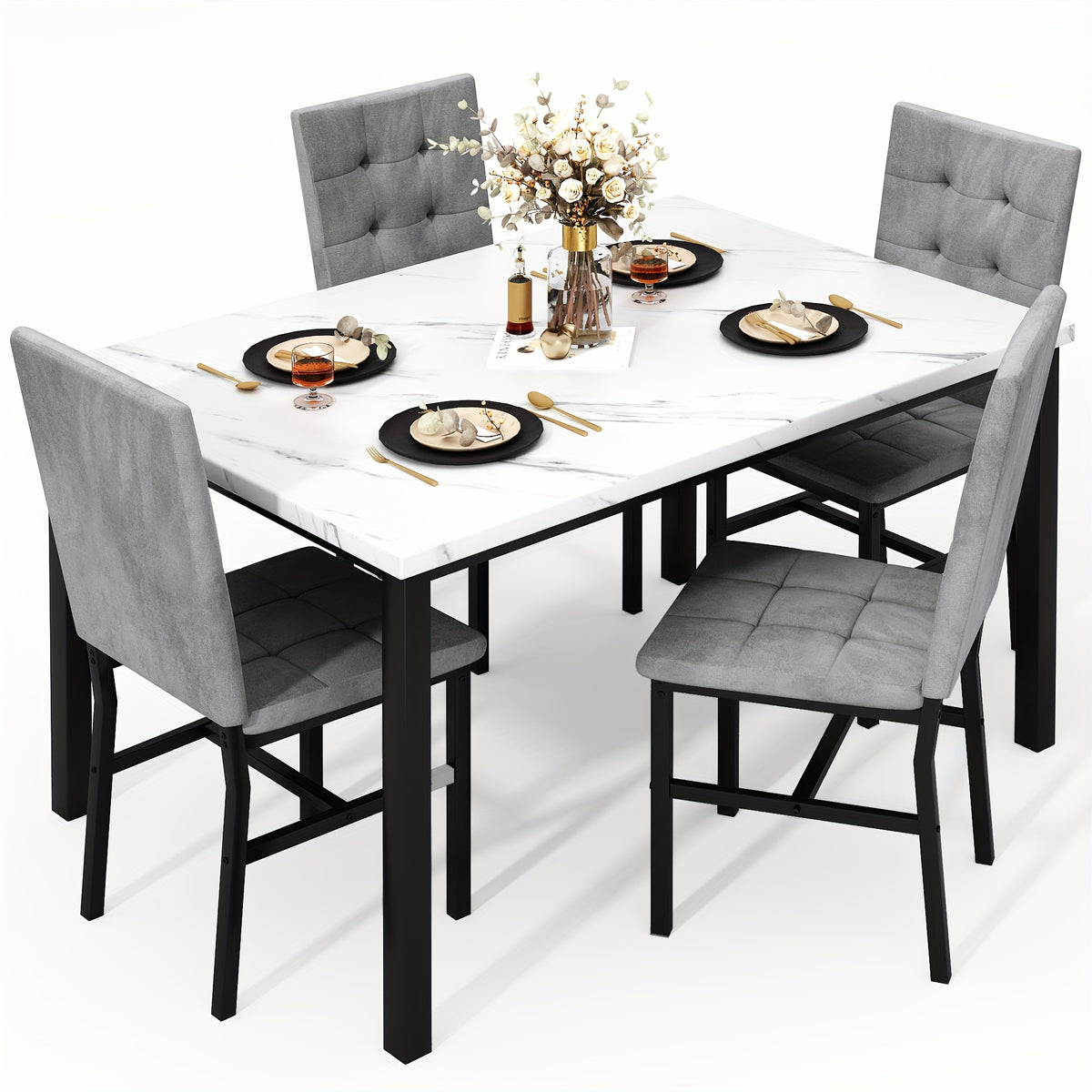 modern 5pcs   marble dining table set upholstered pu