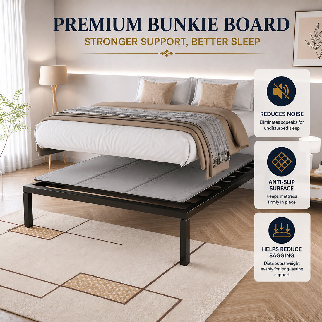 15Mm Bunkie Board Queen 60X80, Heavy Duty Under Mattress Support, Low Profile Bed Support Board For Slatted Bed Frame, No Box Spring Needed, Non-Slip