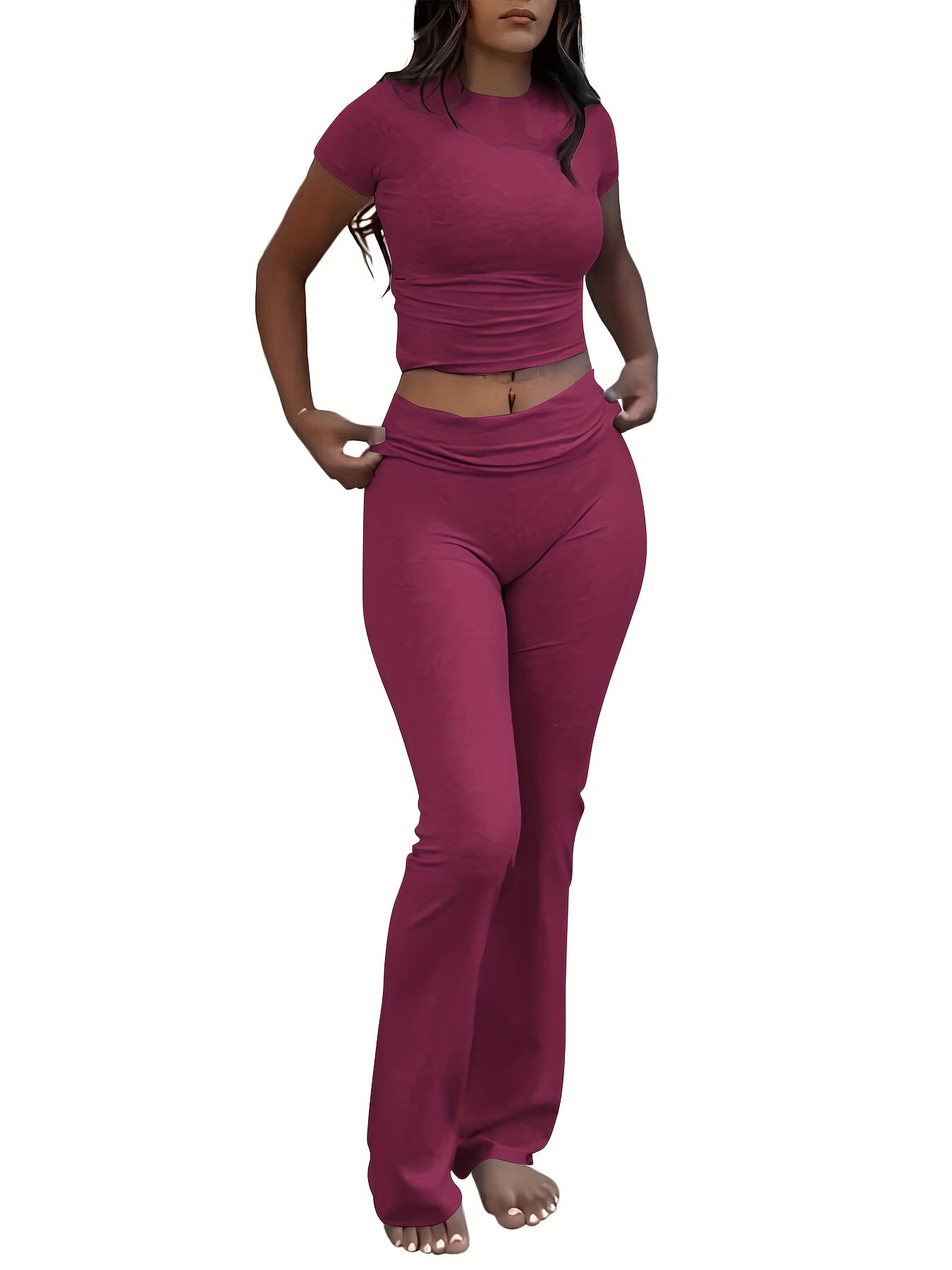 casual solid color   two piece pants set short sleeve