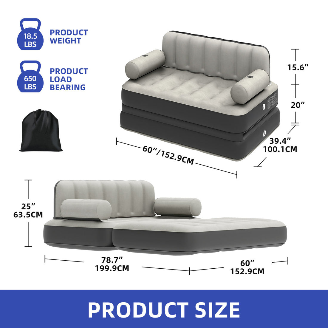 2-in-1 Queen Size Air Mattress Sofa Bed with Headboard and Electric Pump