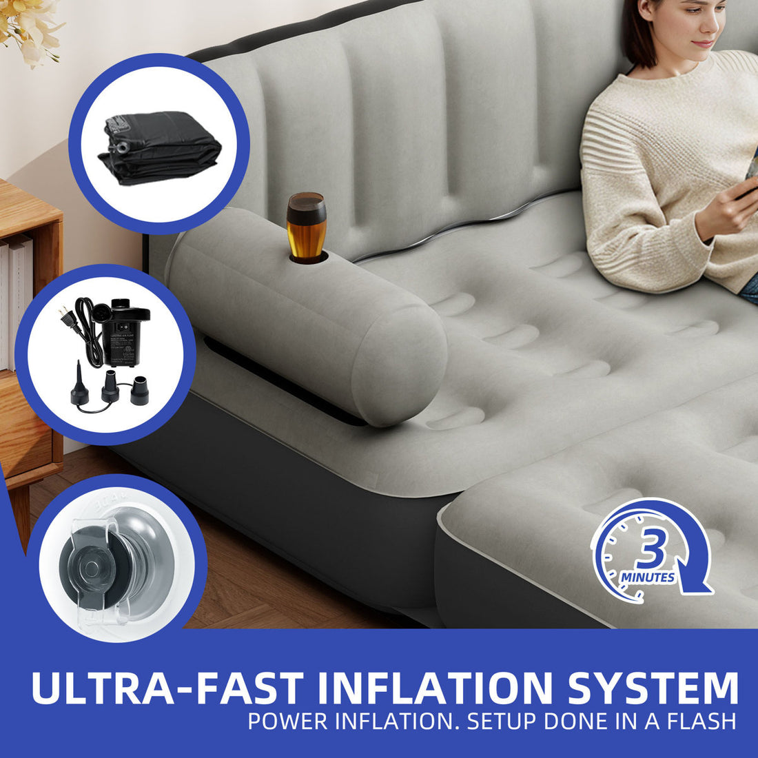 2-in-1 Queen Size Air Mattress Sofa Bed with Headboard and Electric Pump