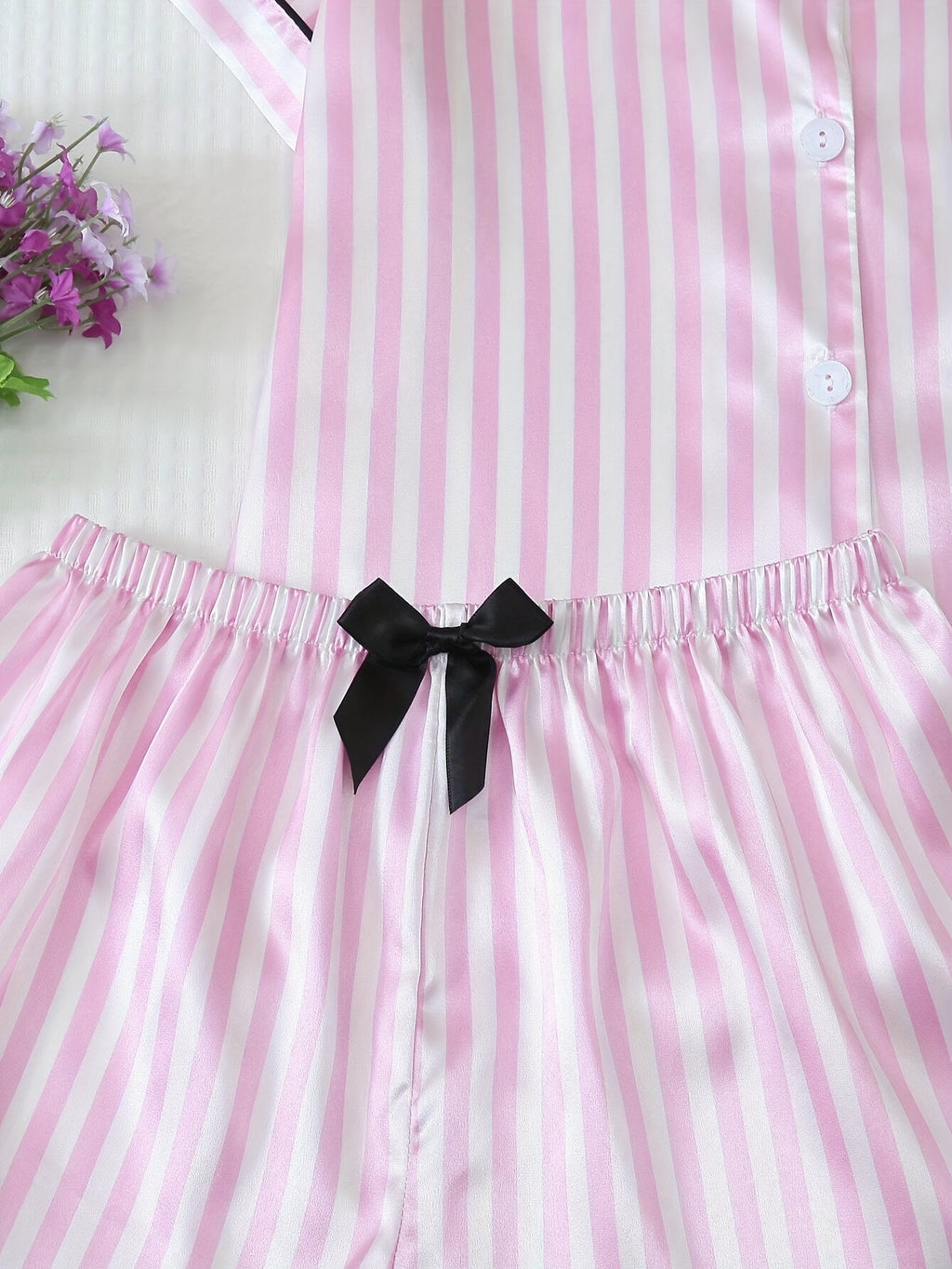 summer womens pajamas pink striped bow short sleeve shorts