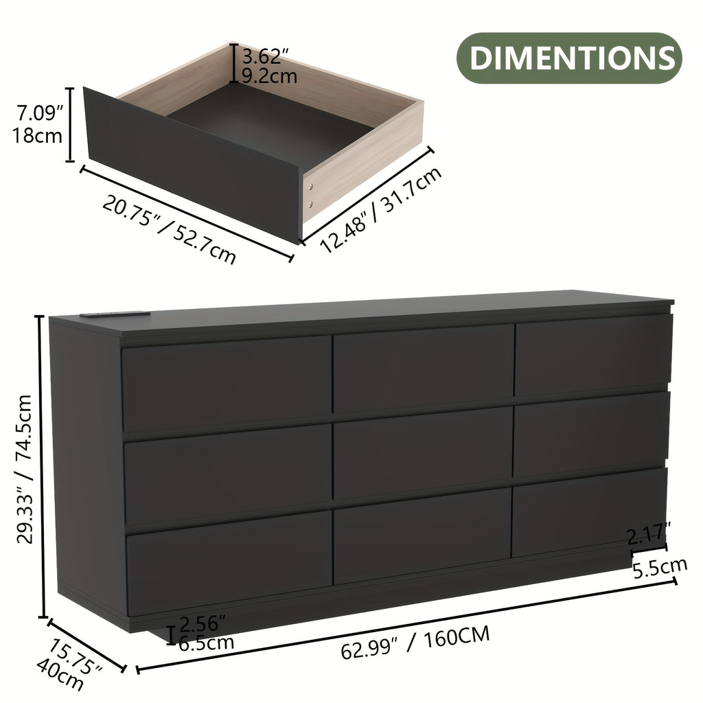 9 drawer dresser bedroom power outlet led lights modern wide