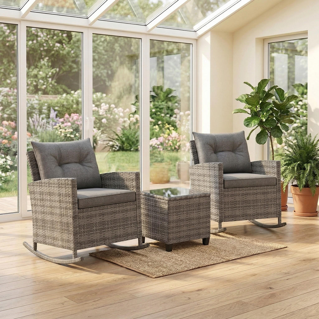 3pcs outdoor rocking chair set rattan wicker patio