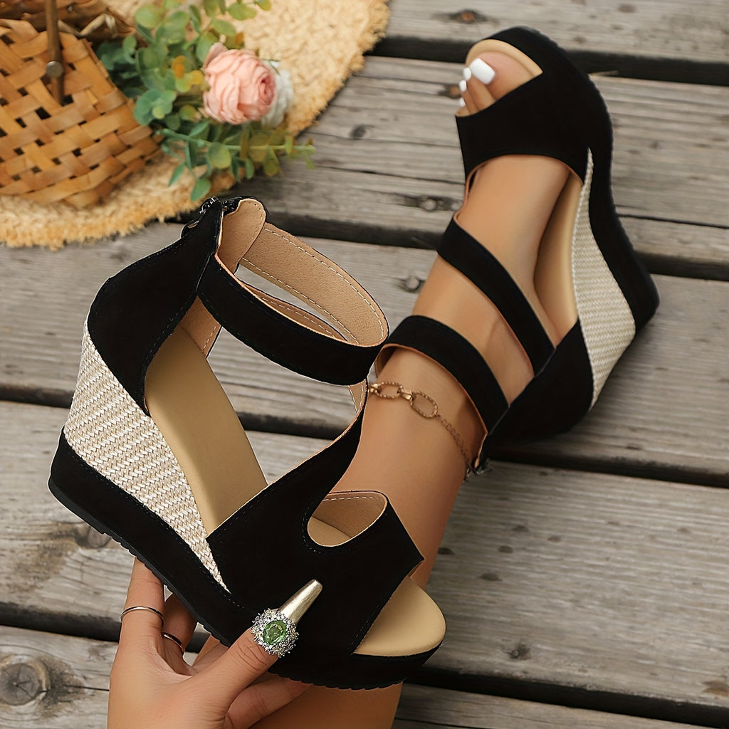 womens black thick sole wedge sandals open toe zipper
