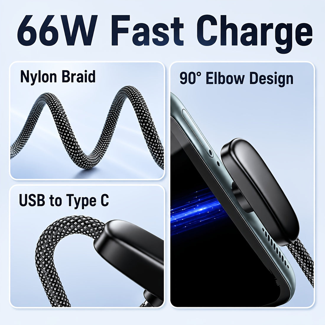 90 degree right angle usb type c braided fast charging cable