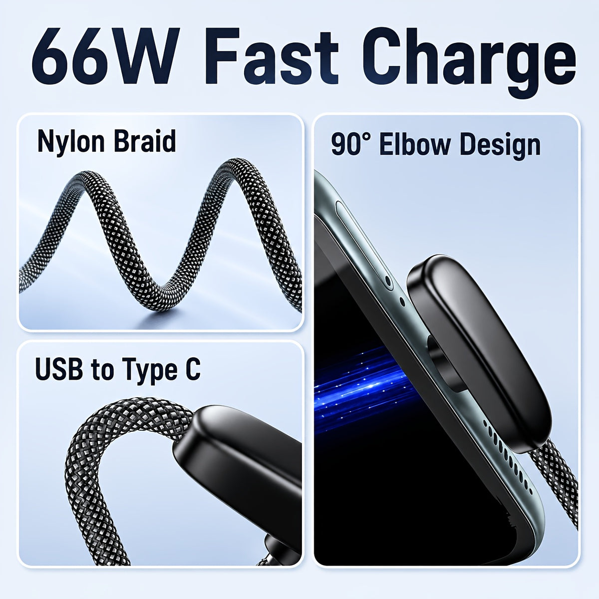 90 degree right angle usb type c braided fast charging cable
