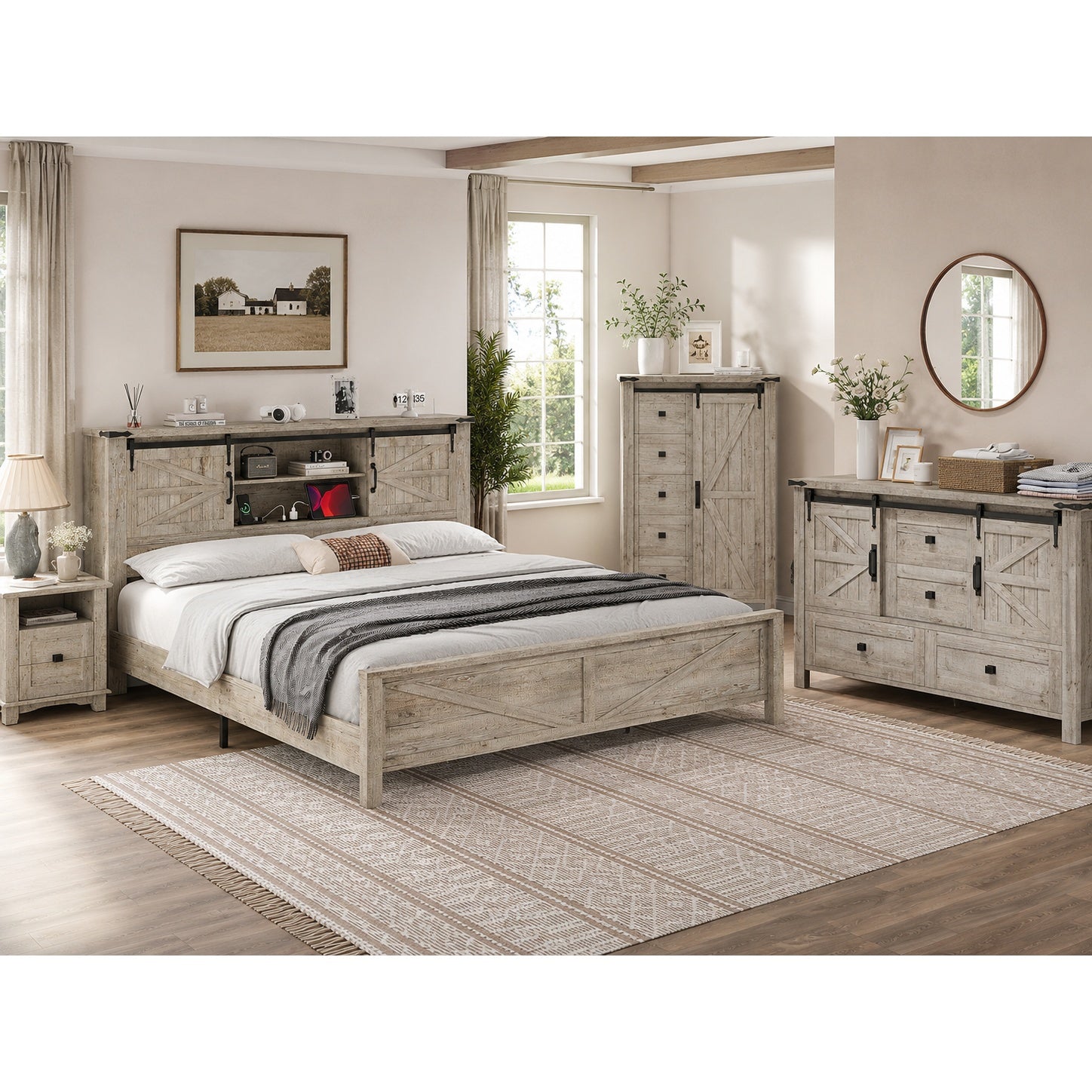 farmhouse bedroom set bed sliding barn doors bookcase