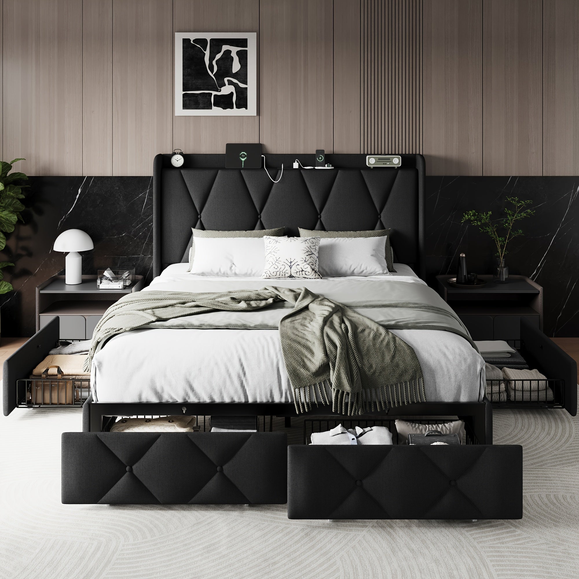 4 drawers storage bed frame wingback headboard