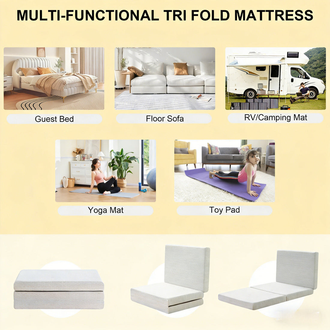 6" Tri-Fold Memory Foam Mattress, Portable Folding Murphy Bed Mattress With Removable Washable Cover & Free Storage Bag
