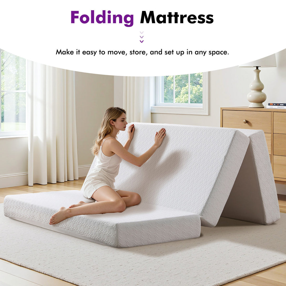 6" Tri-fold Memory Foam Mattress With Non-Slip Cover for Murphy Bed, Queen