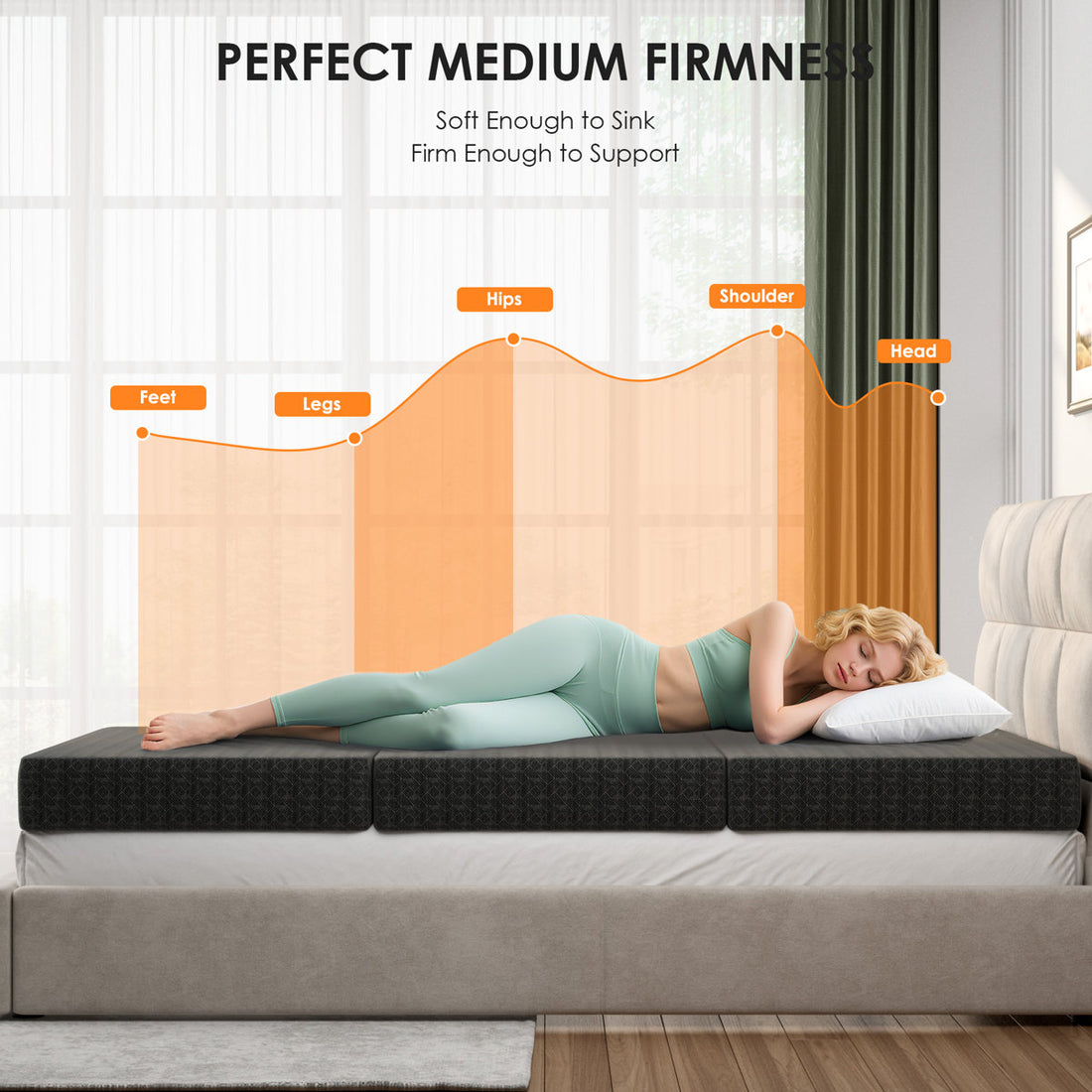 6'' Gel Memory Foam Mattress Queen Size, Portable Tri-folding Mattress With Washable Cover, Black