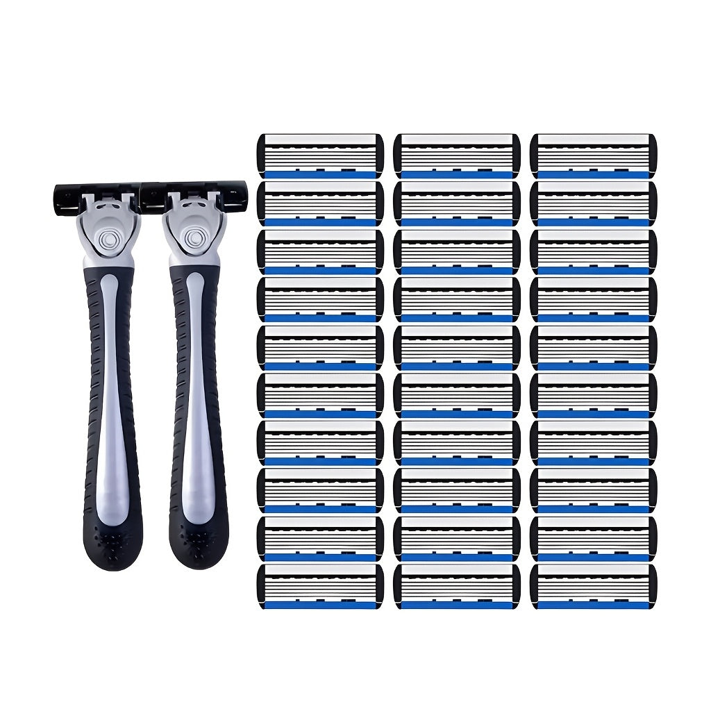 manual shaving kit set black gray non slip handle 6 layer