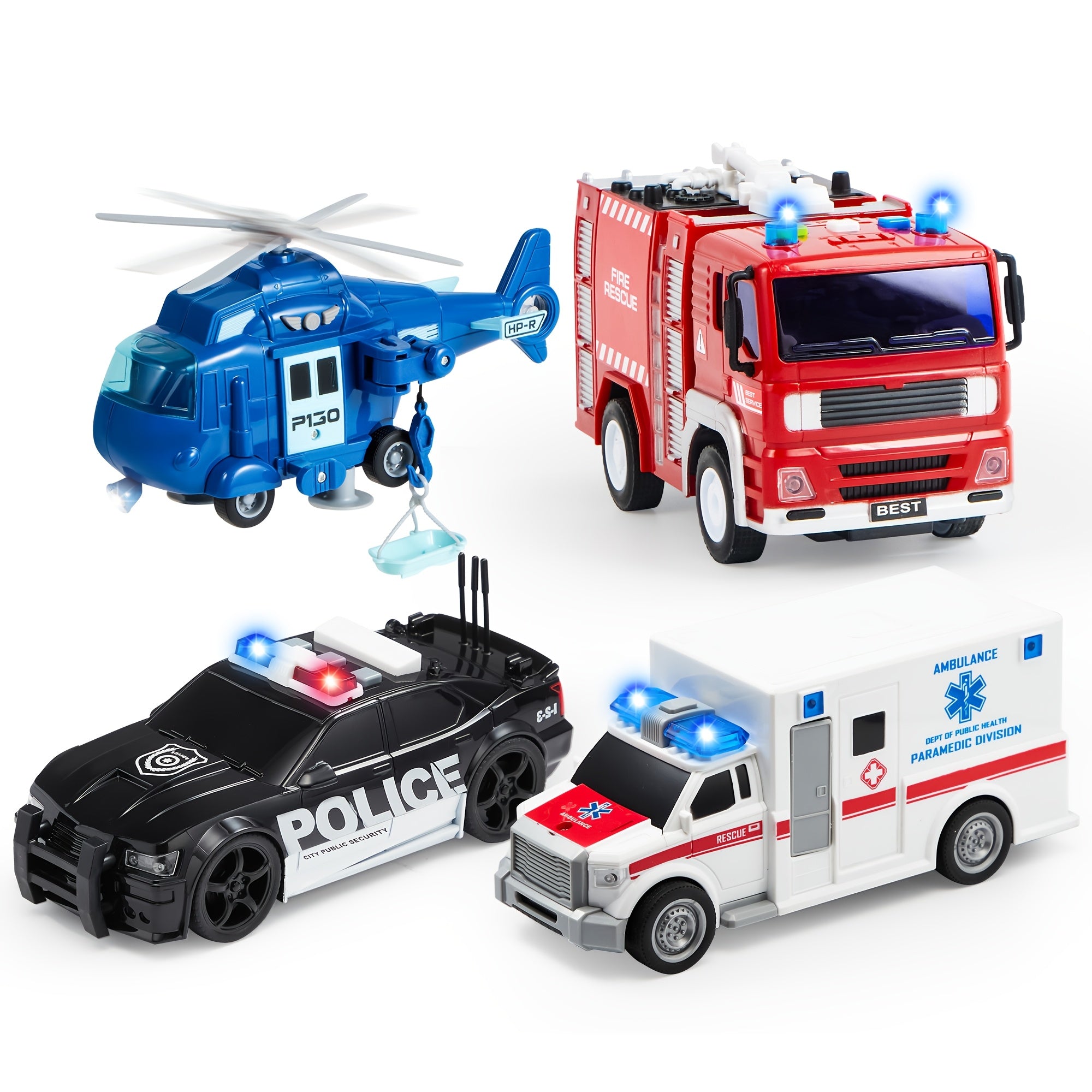 4 pack emergency vehicle truck toys kids age 3 friction