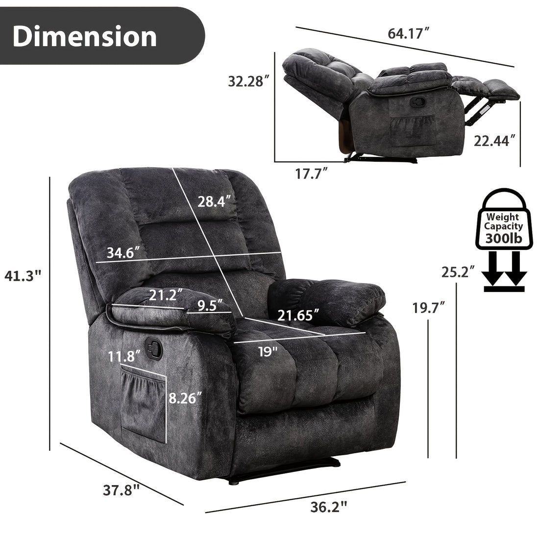 oversized manual recliner chair massage heat soft fabric