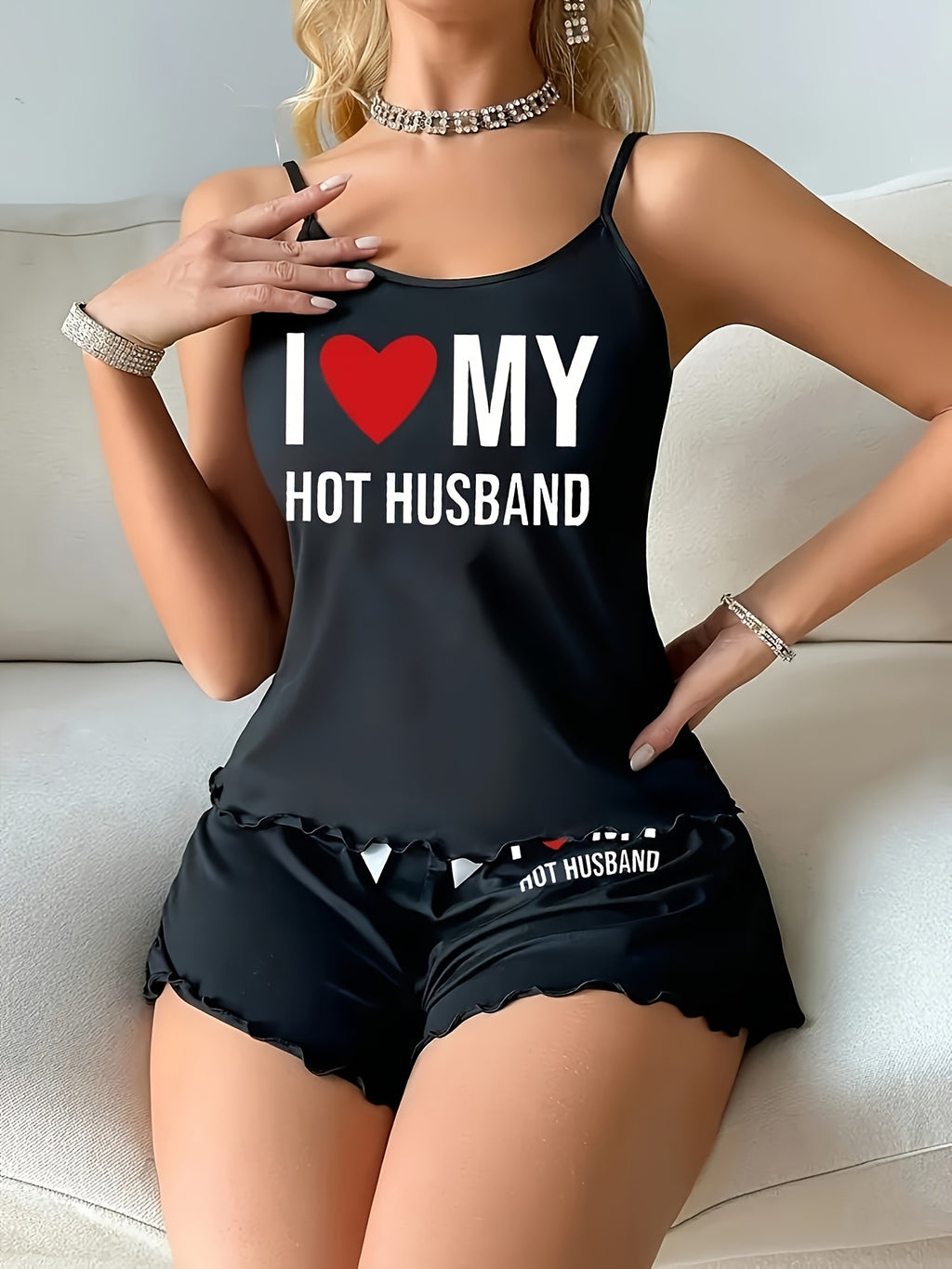 womens love hot husband print tank top shorts set black