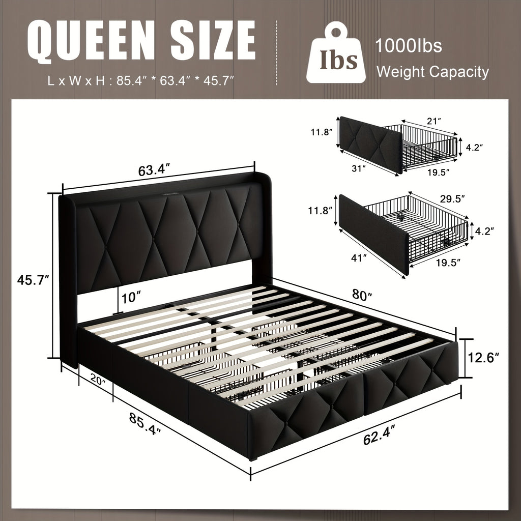 4 drawers storage bed frame wingback headboard