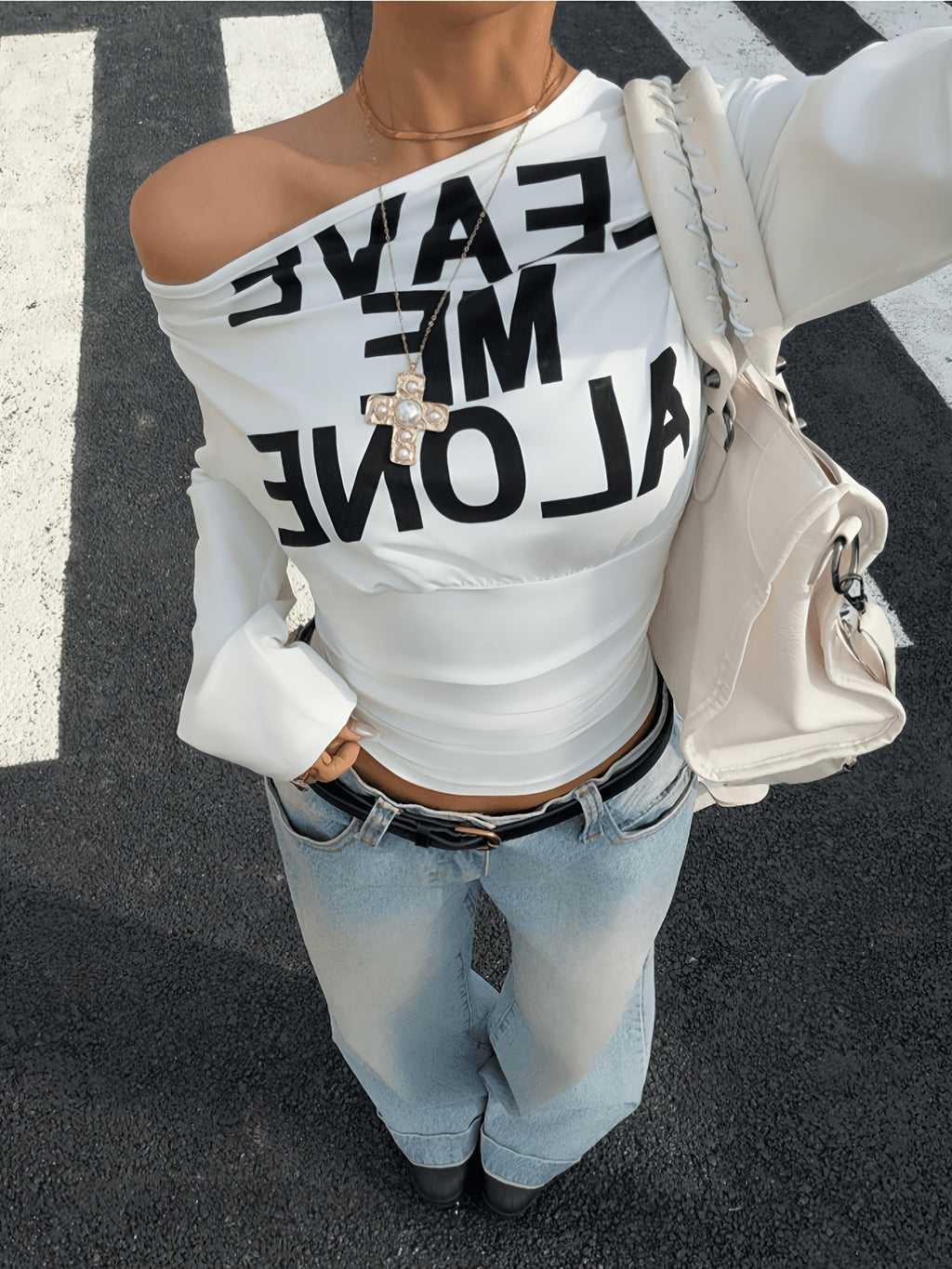 womens letter print asymmetrical shoulder fitted short