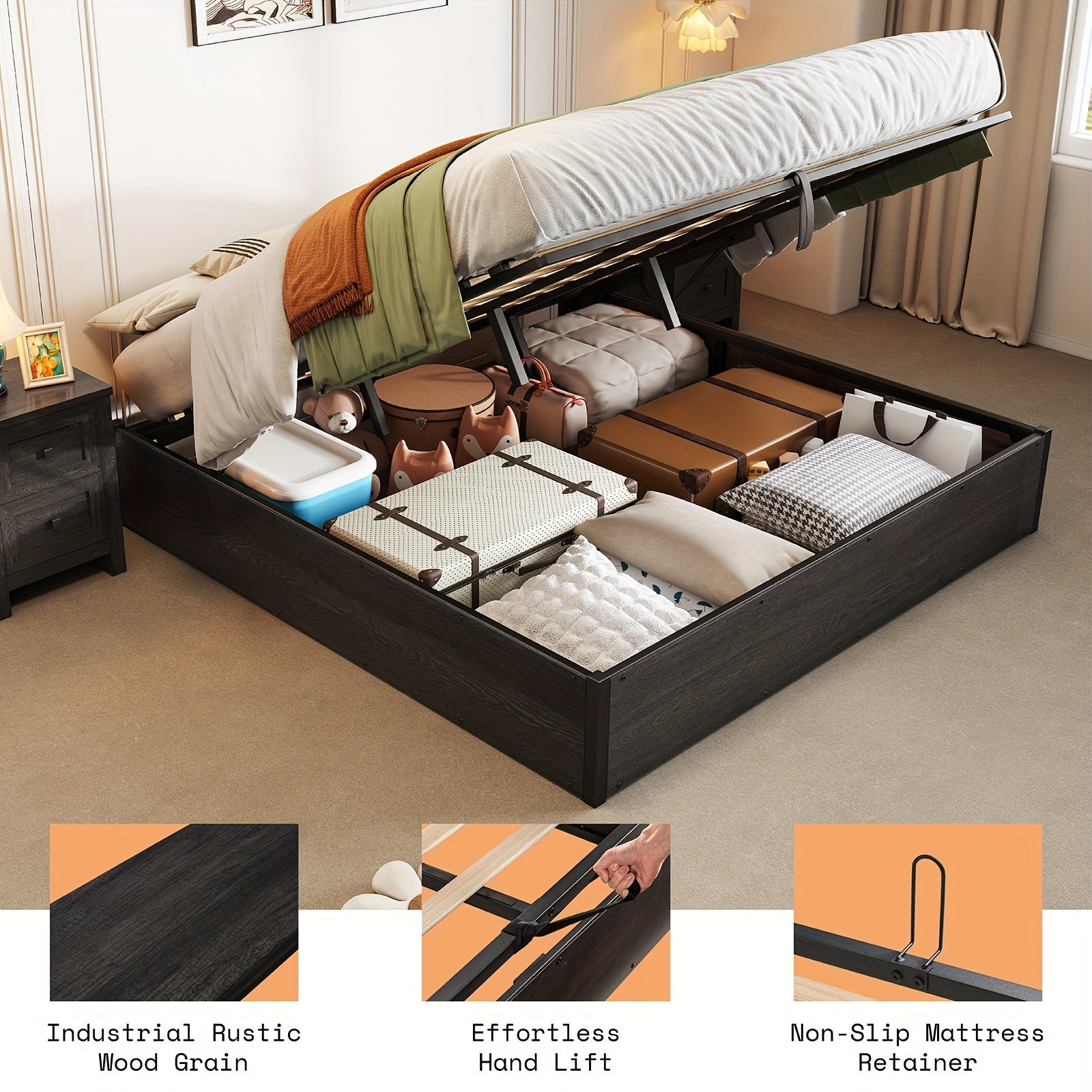 lift storage bed storage underneath wooden platform bed