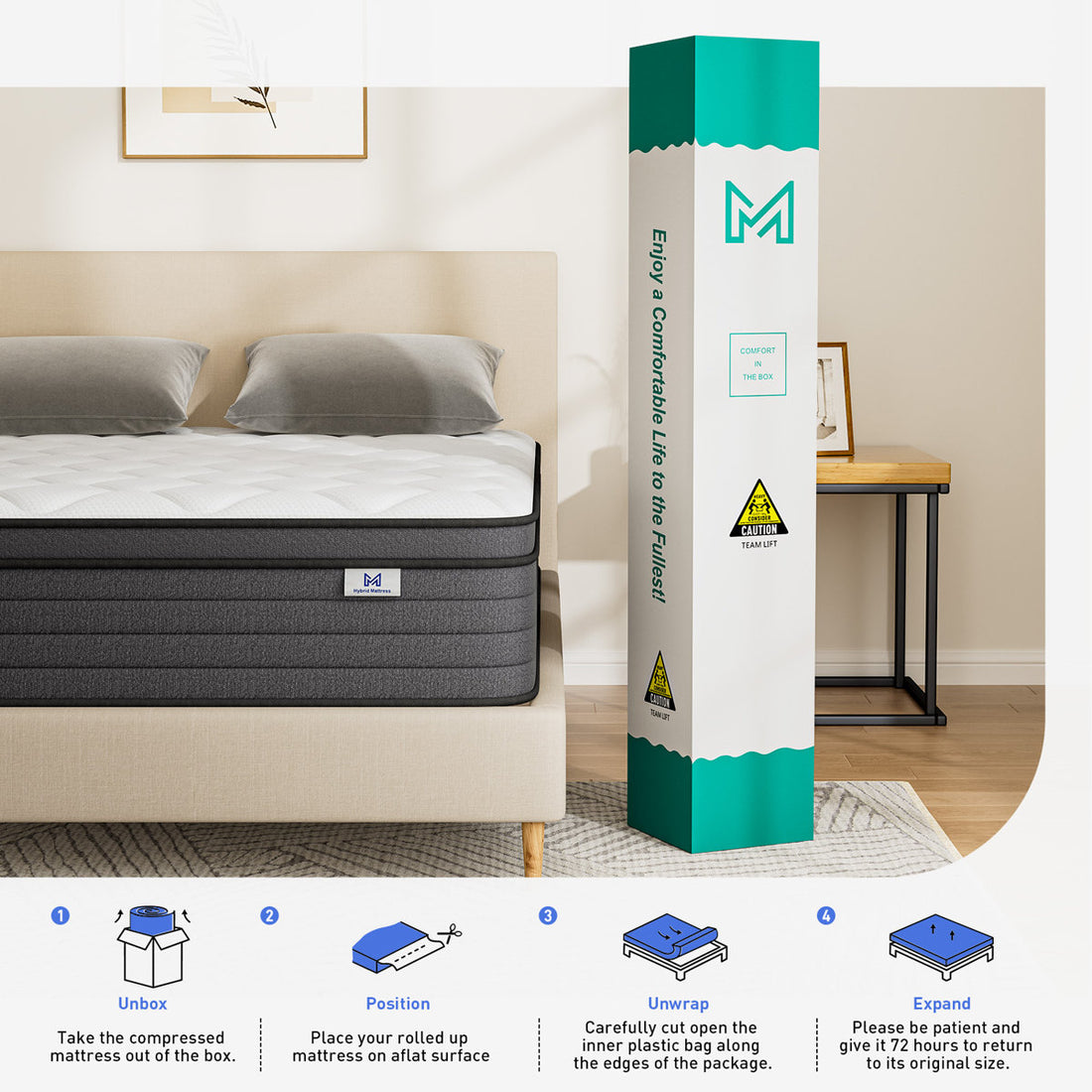 8''/10''/12'' Medium Hybrid Mattress with Pocket Springs, Mattress In A Box, OEKO-TEX® Certified