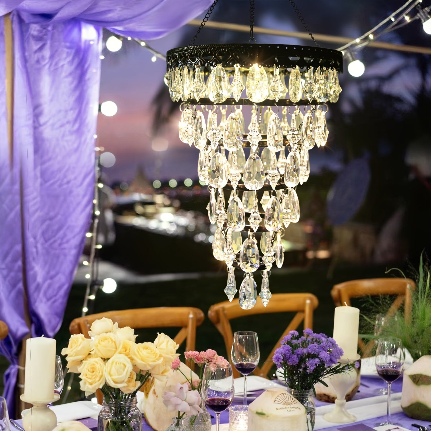 solar hanging crystal chandelier outdoor garden decorative