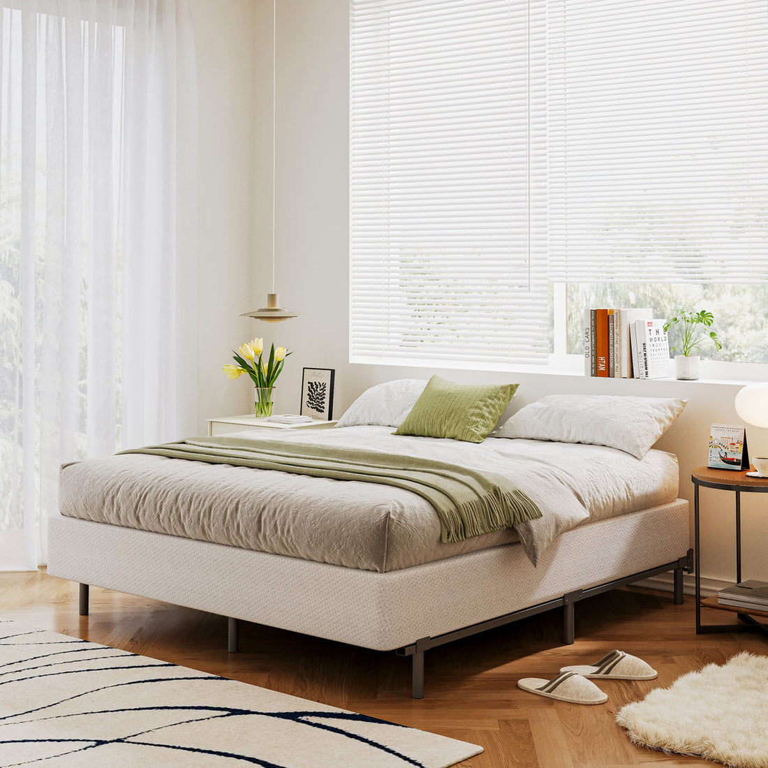 9" High Profile Metal Box Spring with Fabric Cover, Heavy Duty Mattress Foundation, Easy Assembly, Queen Size