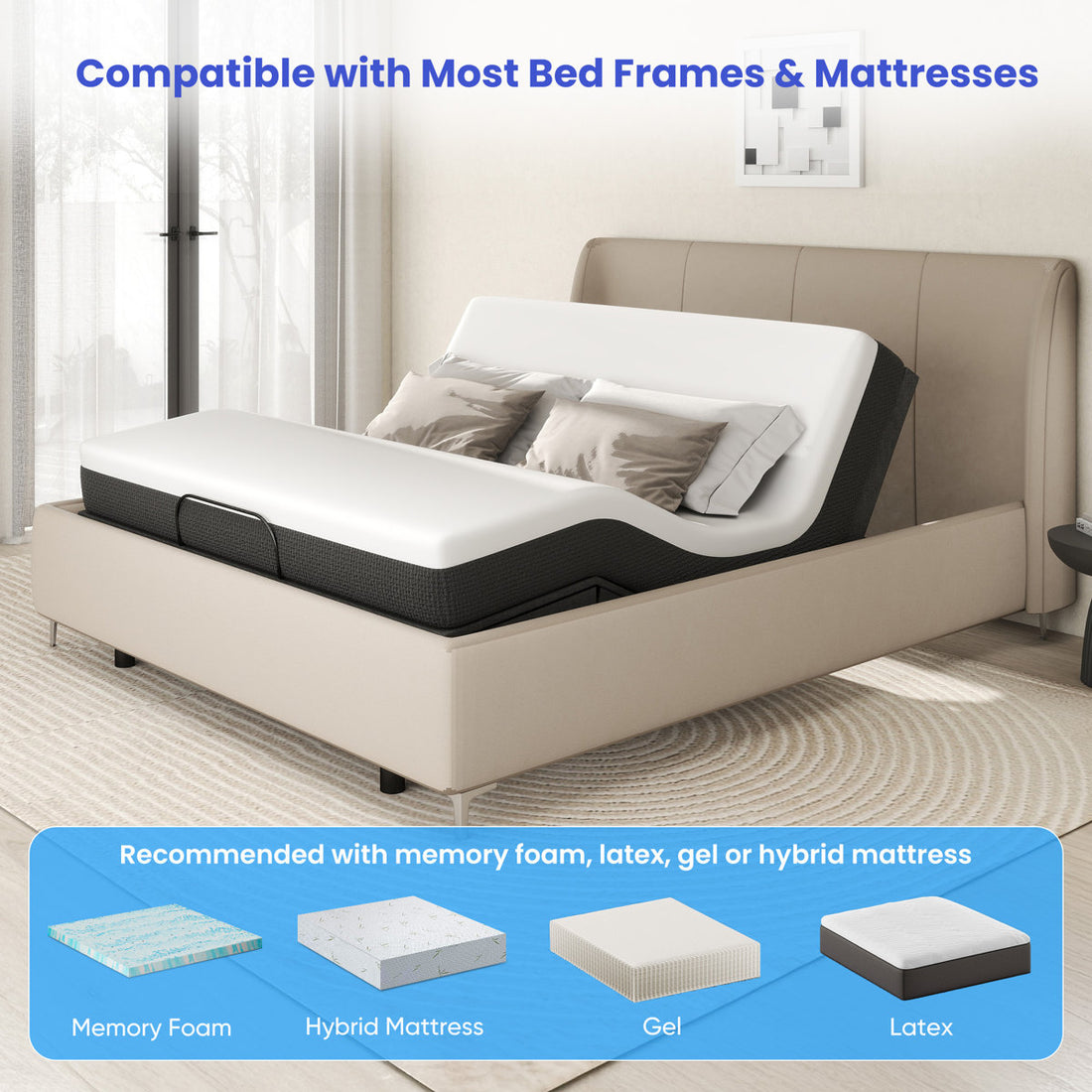 Adjustable Bed Frame, Electric Bed with Wireless Remote, Head and Foot Incline
