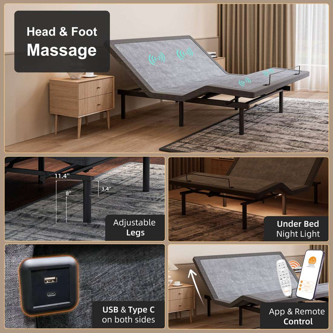 Adjustable Bed with 14" Hybrid Mattress, Massage, Wireless Remote, App Control, Zero Gravity, Underbed Light, USB & Type C Ports on both sides