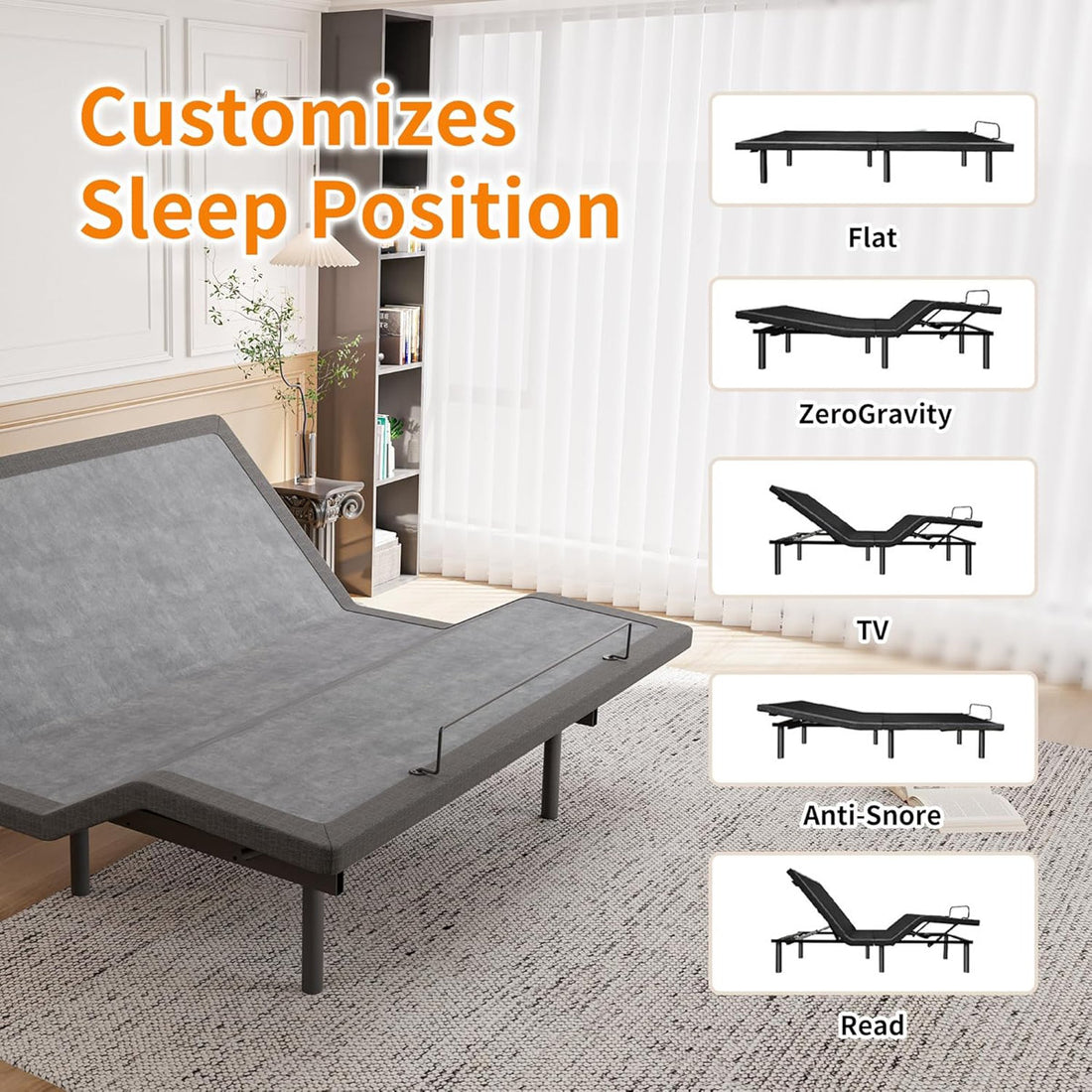 Adjustable Bed with 14" Mattress, Massage, Wireless Remote, App Control, Zero Gravity, Underbed Light, USB & Type C Ports on both sides