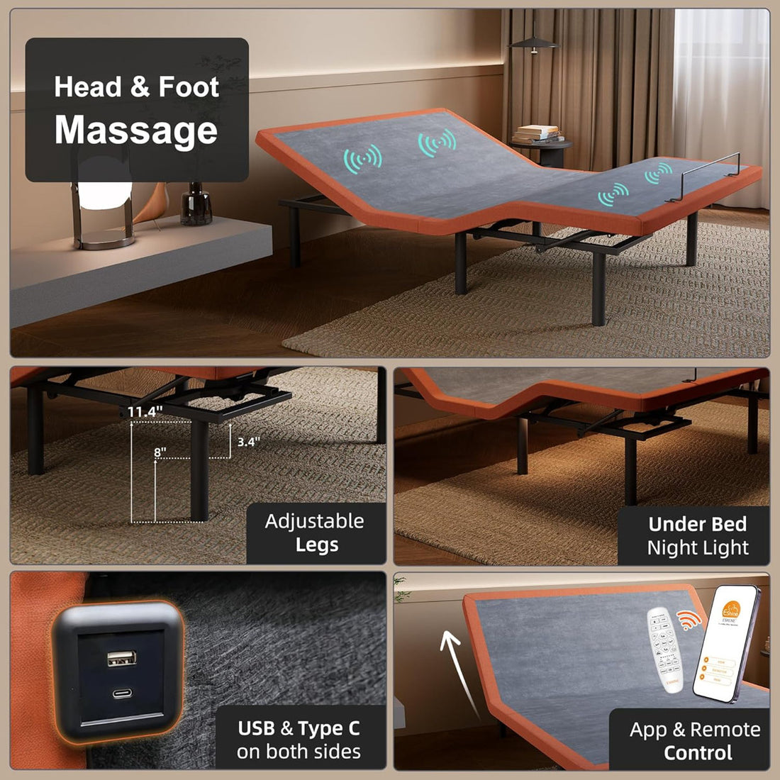 Adjustable Bed with Massage, Wireless Remote, App Control, Zero Gravity, Underbed Light, USB & Type C Ports on both sides