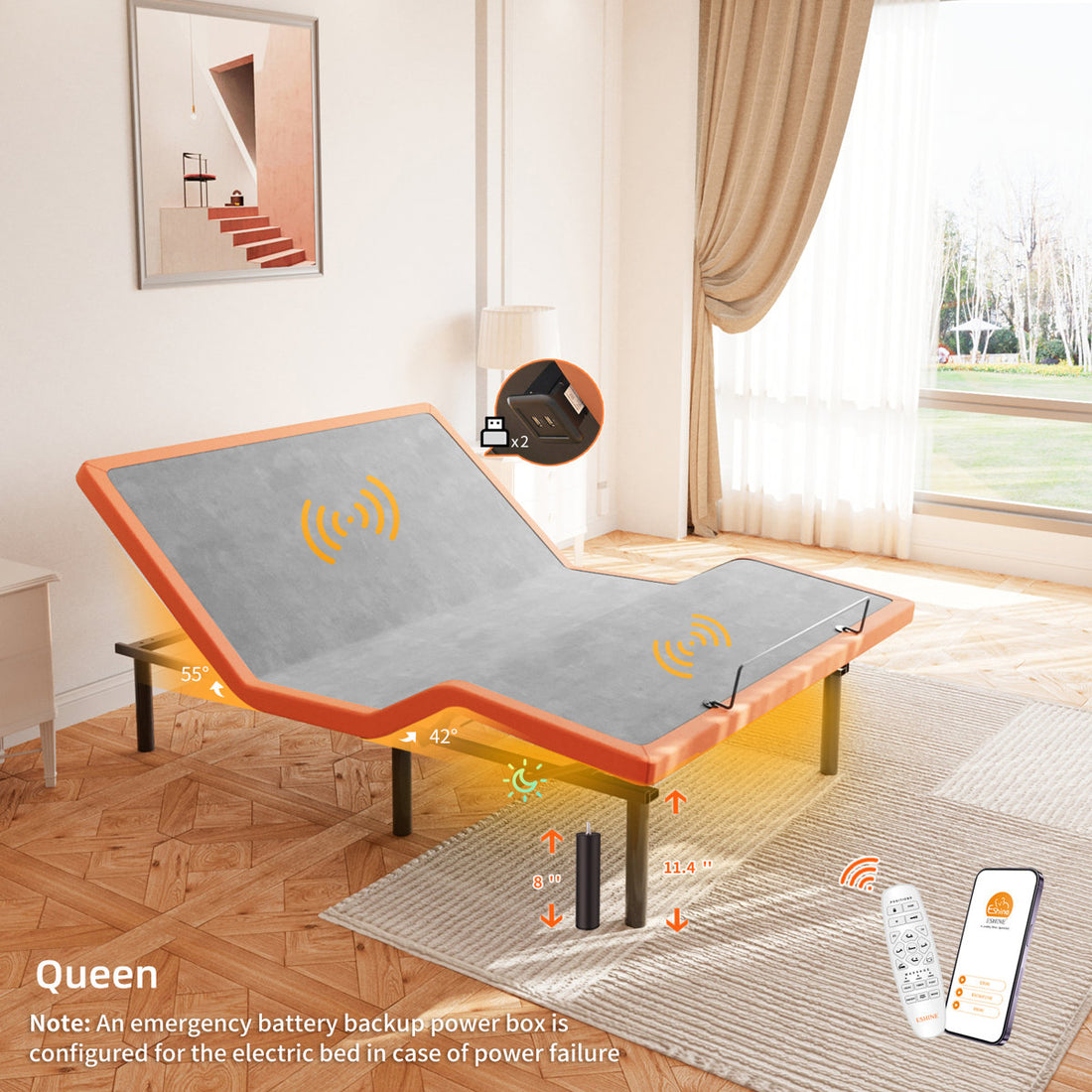 Adjustable Bed with Massage, Wireless Remote, App Control, Zero Gravity, Underbed Light, USB & Type C Ports on both sides