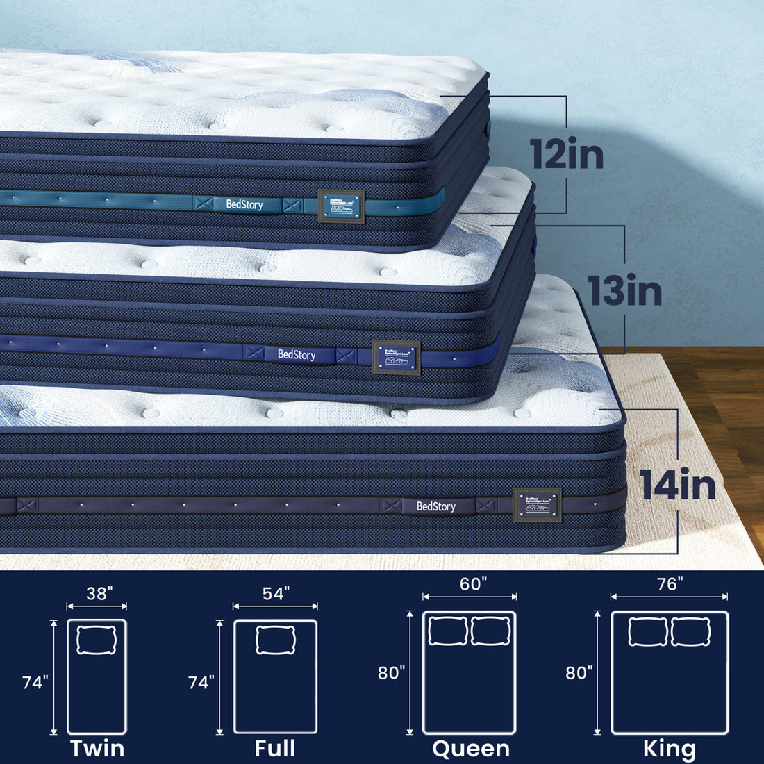 Bedstory 13" Firm Hybrid Mattress with Wool Layer & 3-Zone Support- CertiPUR-US/OEKO-TEX