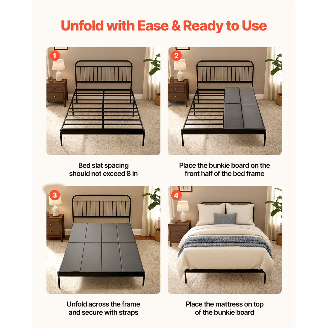 Bunkie Board, King Size 80.3 x 75.9 in, Foldable Bed Board Under Mattress with Hook-and-Loop Straps, PP Core with 600D Oxford Fabric, Anti-Sag for Metal Frames, Bunk Beds, and Sleeper Sofas