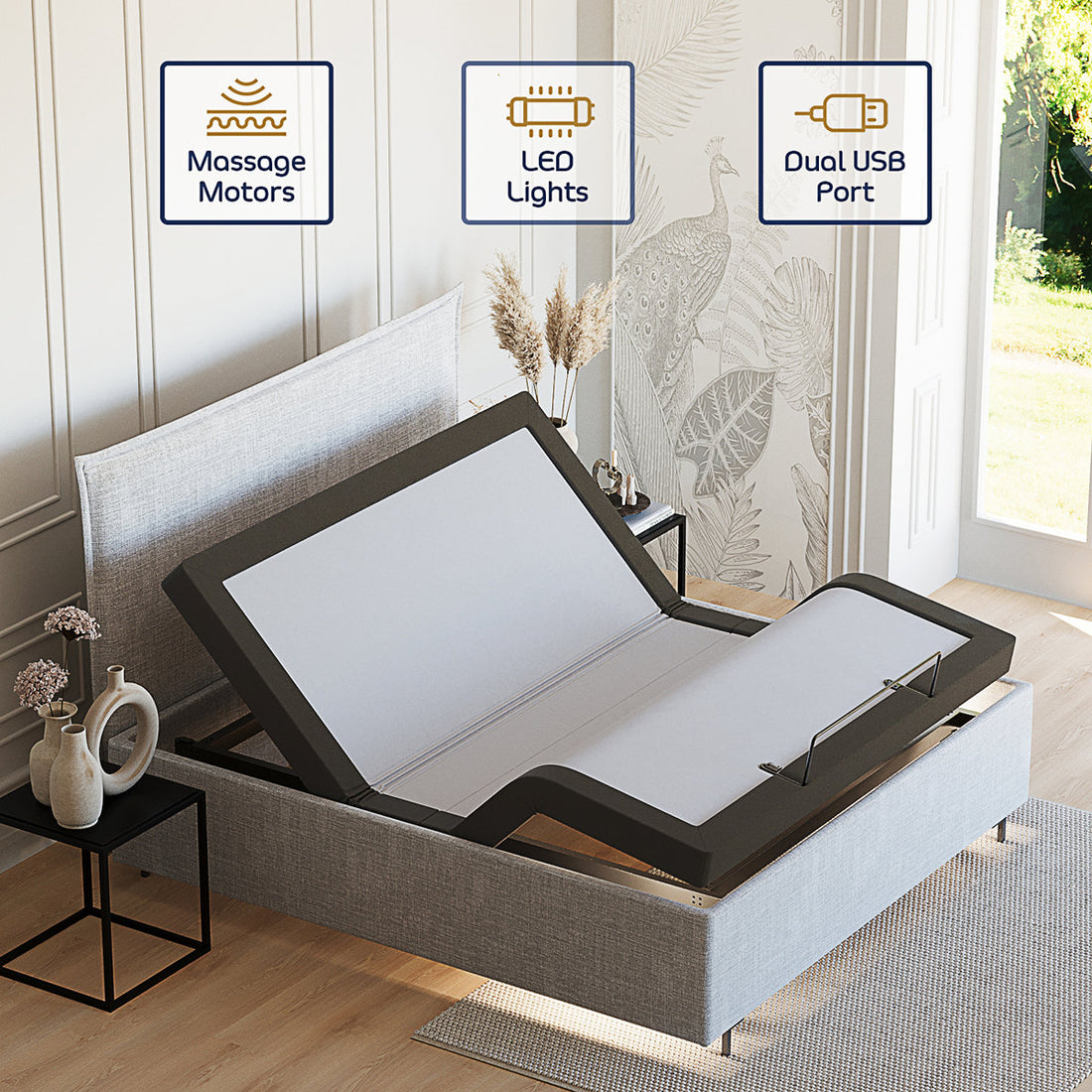 Clara Clark Massaging Zero Gravity, Zero Clearance Adjustable Bed with Wireless Remote, USB Ports & LED Lights