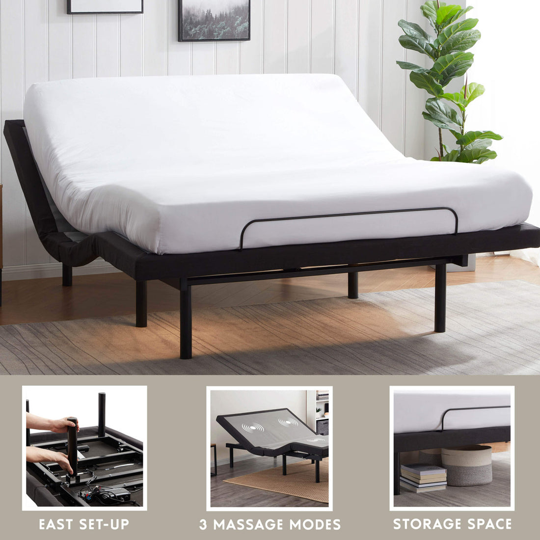 Clara Clark Massaging Zero Gravity, Zero Clearance Adjustable Bed with Wireless Remote, USB Ports & LED Lights