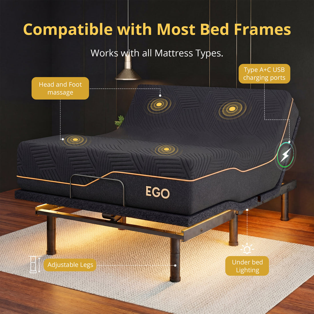 EGOHOME 15” Massaging Zero Gravity Adjustable Bed with 14" Memory Foam Mattress