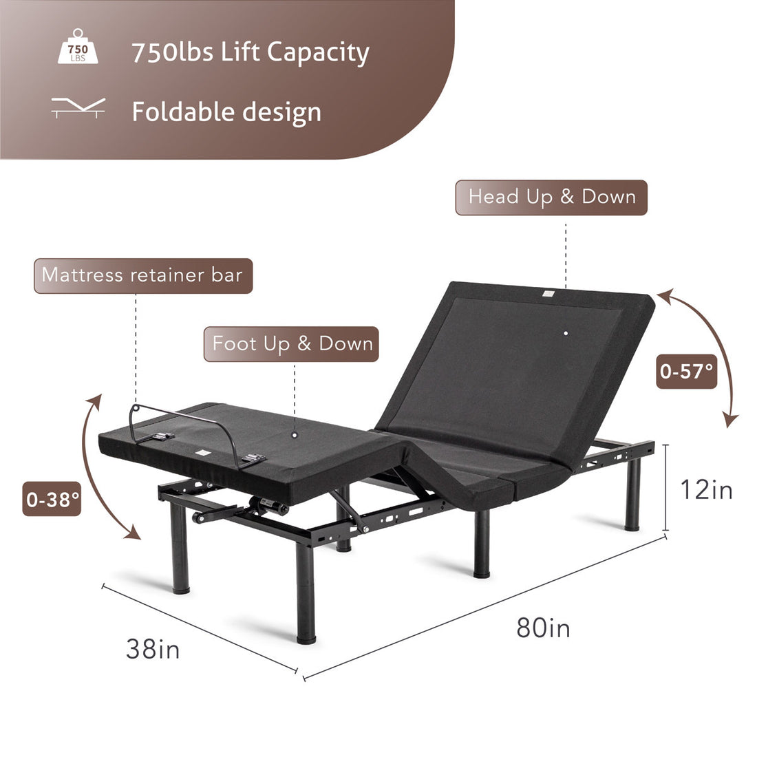 EGOHOME Zero Gravity Adjustable Bed with Wireless Remote--APP Head & Foot Incline