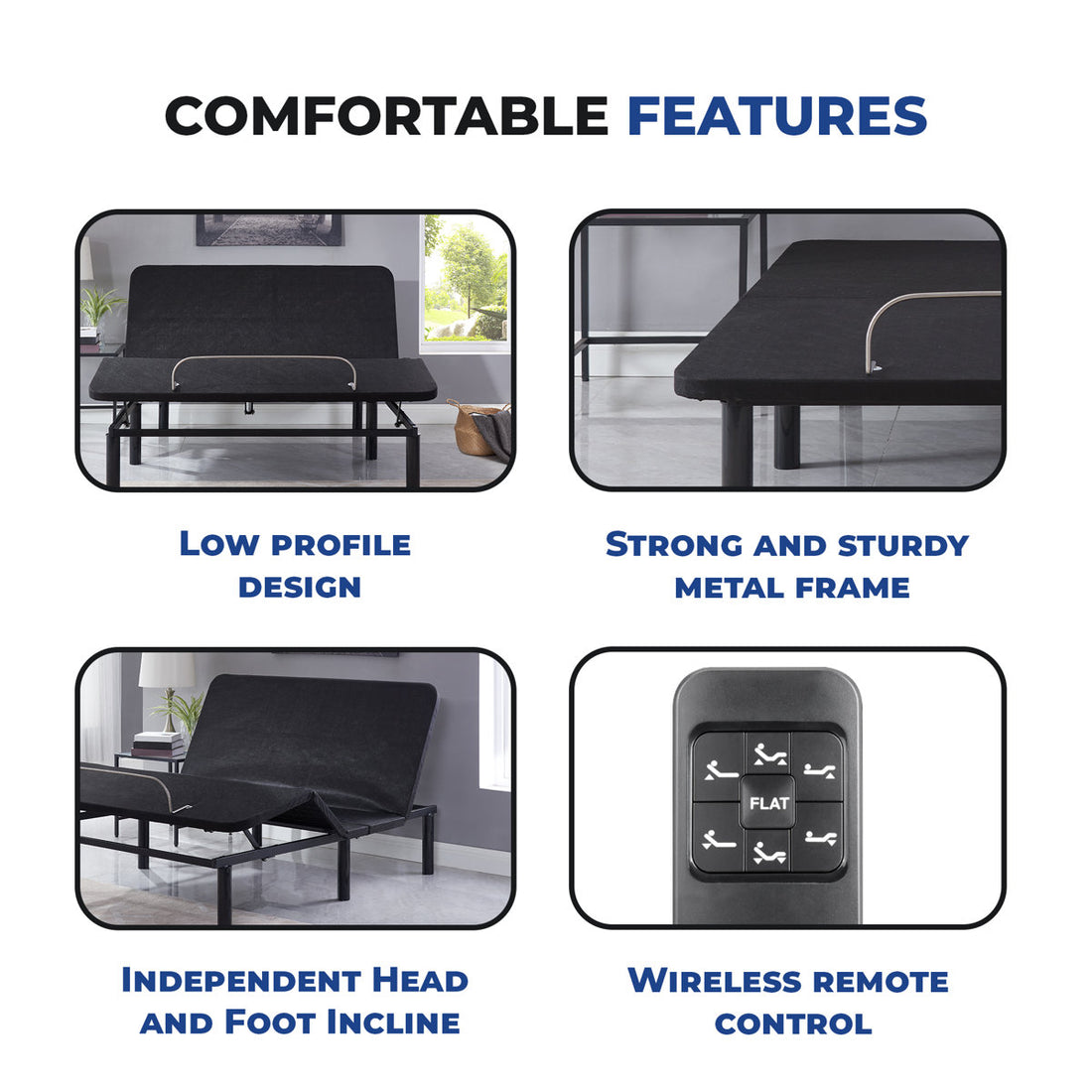 Electric Adjustable Bed Base with Wireless Remote — Ideal for Seniors, Pain-Relief Design, Head & Foot Incline for Back Pain