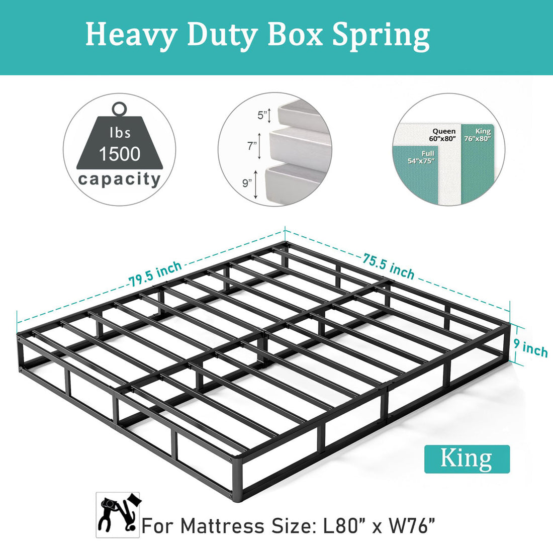 King Box Spring 9 Inch For King Bed, 1500Lbs Capacity, High Profile Mattress Foundation With Fabric Cover, Metal Bed Base King Size Easy Assembly, Heavy-Duty