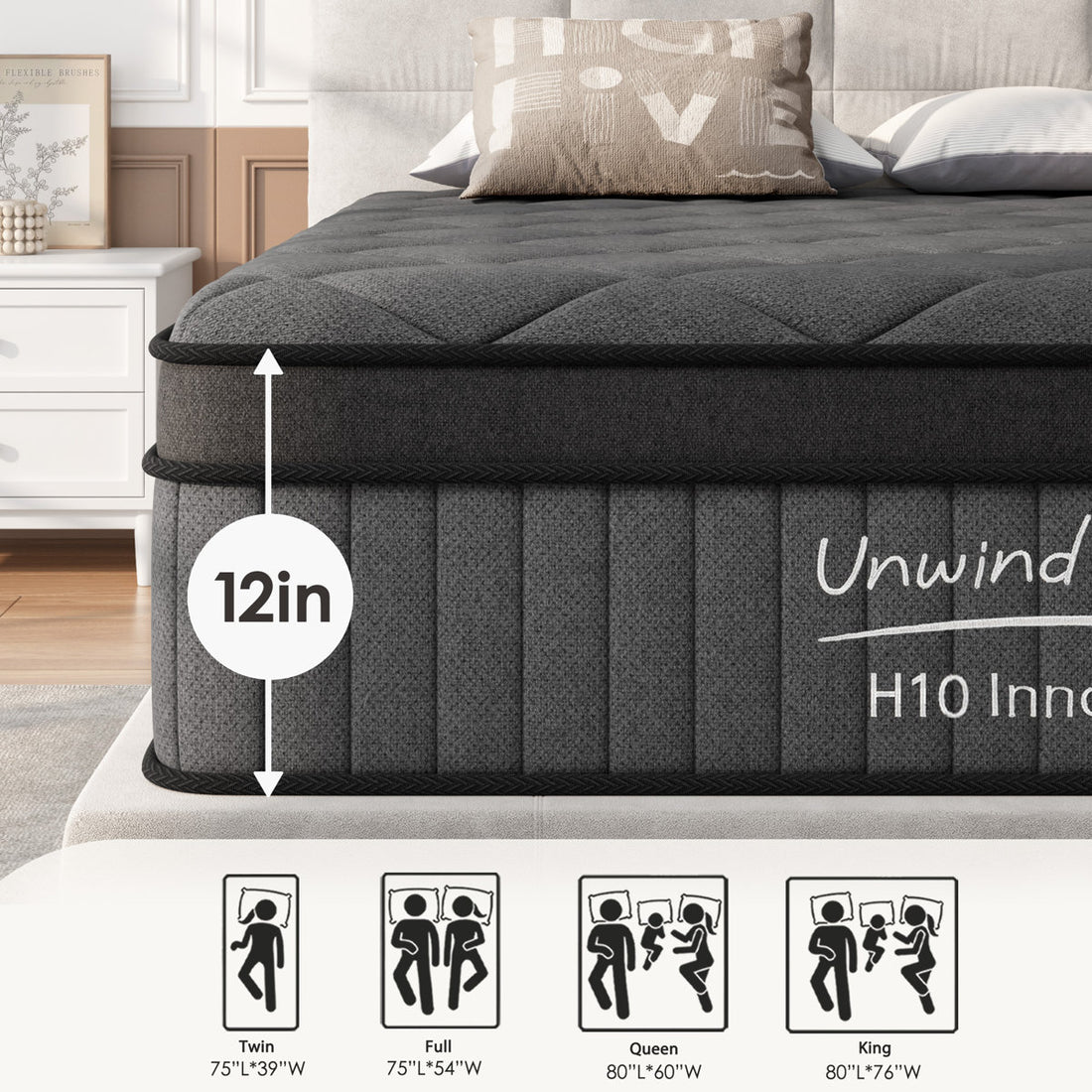 Mattress Queen Size 12 Inch, Mattress with Gel Memory Foam and Pocket Springs, Euro Top Medium Firm, Black