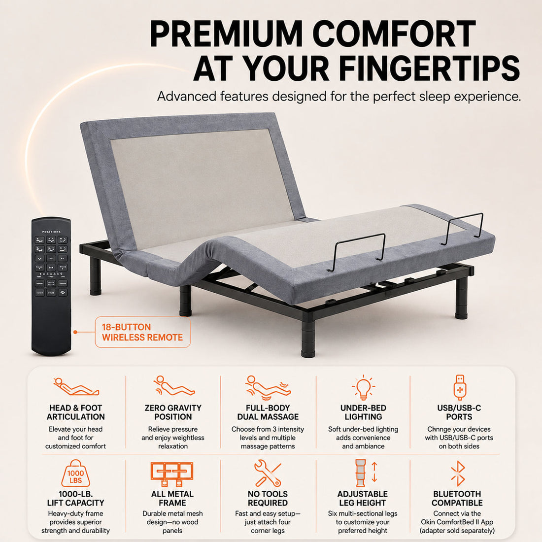 Mosley Massaging Zero Gravity Adjustable Bed with Wireless Remote