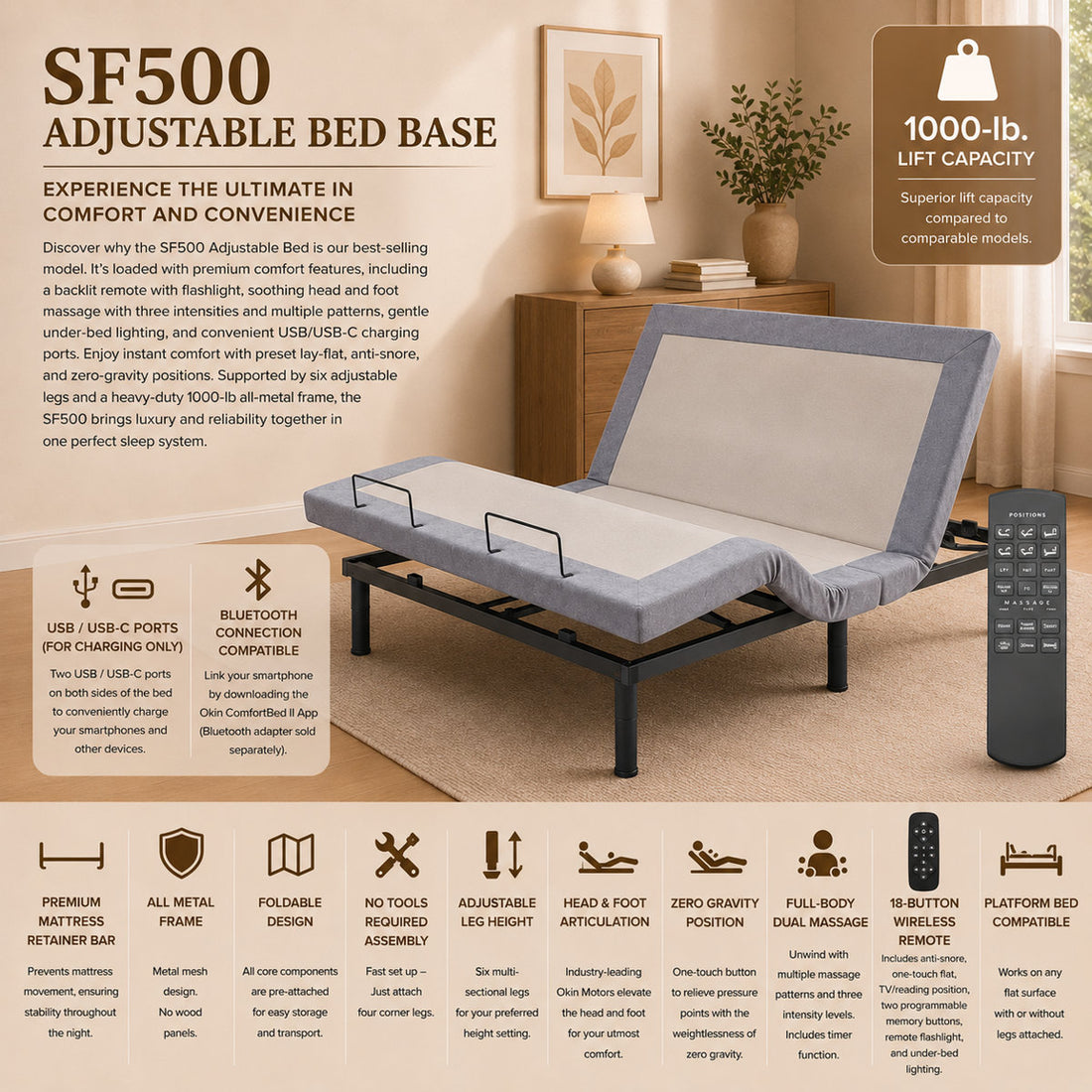 Mosley Massaging Zero Gravity Adjustable Bed with Wireless Remote