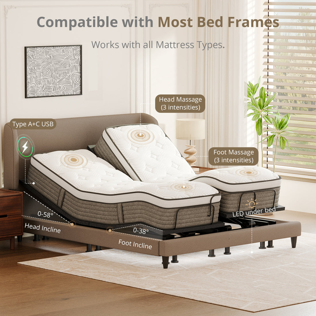 Olyphant Split King Adjustable Bed With 12”dual Foam Hybrid Mattress-zero Gravity, Massage And Wireless Remote, Underbed Light