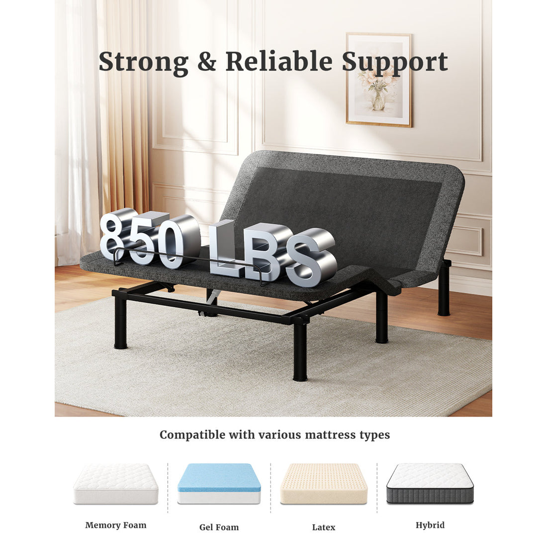 Queen Adjustable Bed Frame, Independent Head and Foot Incline, Quiet Motor, Wired Remote, 3 Height Options, Tool-Free Assembly, Electric Bed Base for Reading and Watching TV