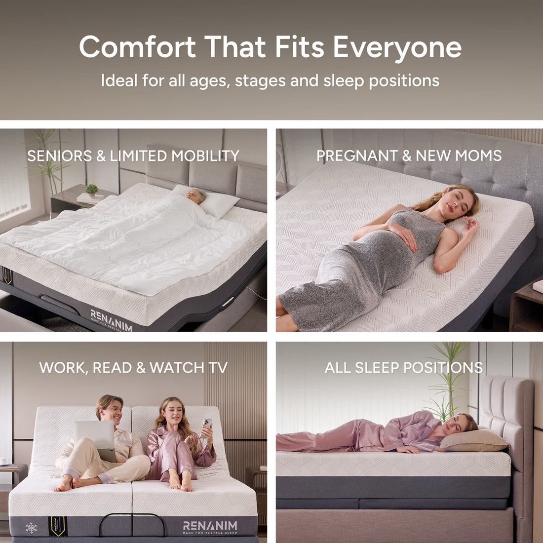 Renanim SerenityFlex Adjustable Bed Frame with Massage, USB, Underbed Light, App Control