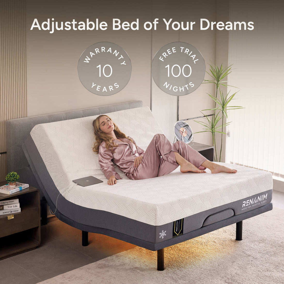 Renanim SerenityFlex Adjustable Bed Frame with Massage, USB, Underbed Light, App Control